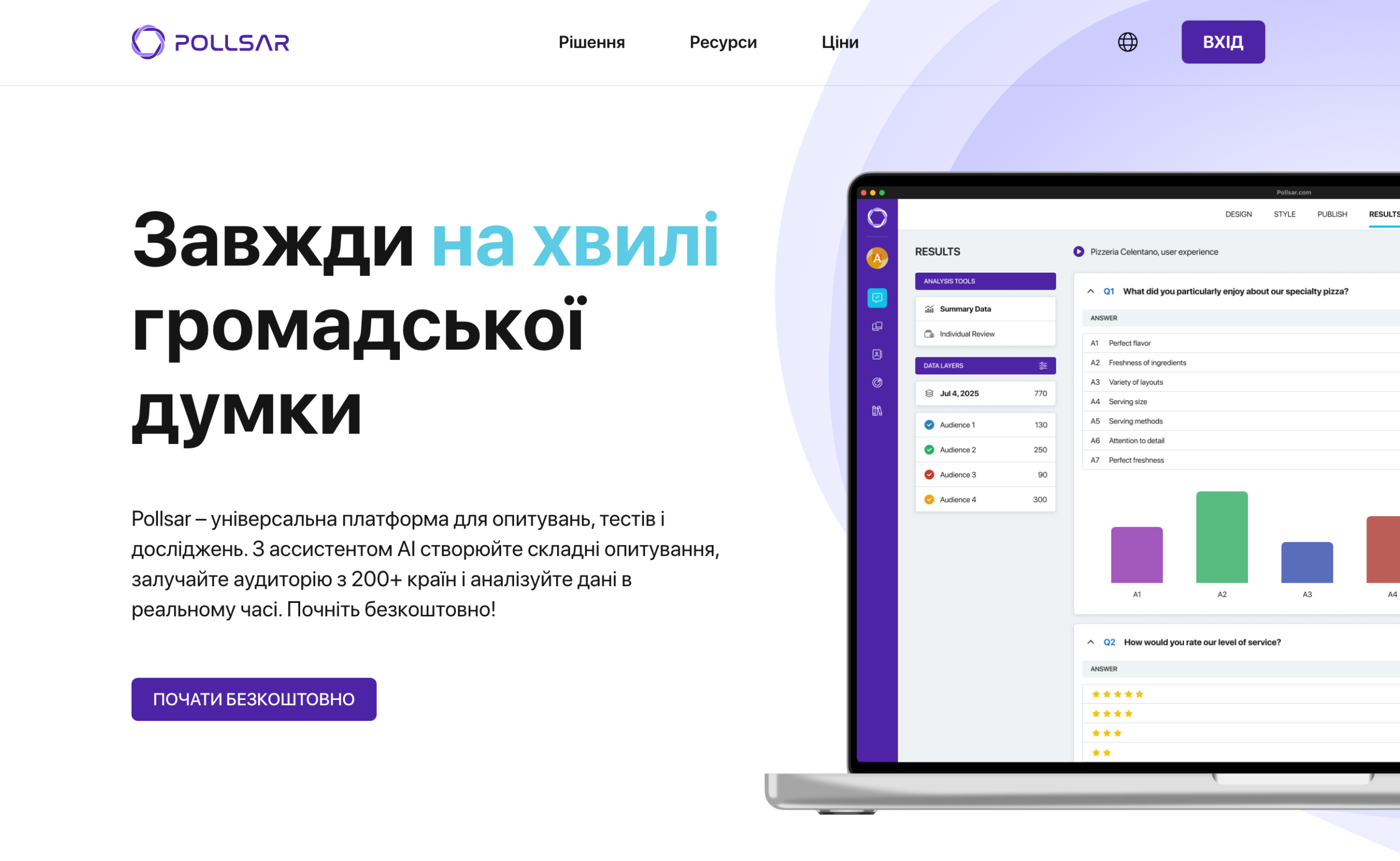 Головна сторінка платформи Pollsar з кнопкою реєстрації
