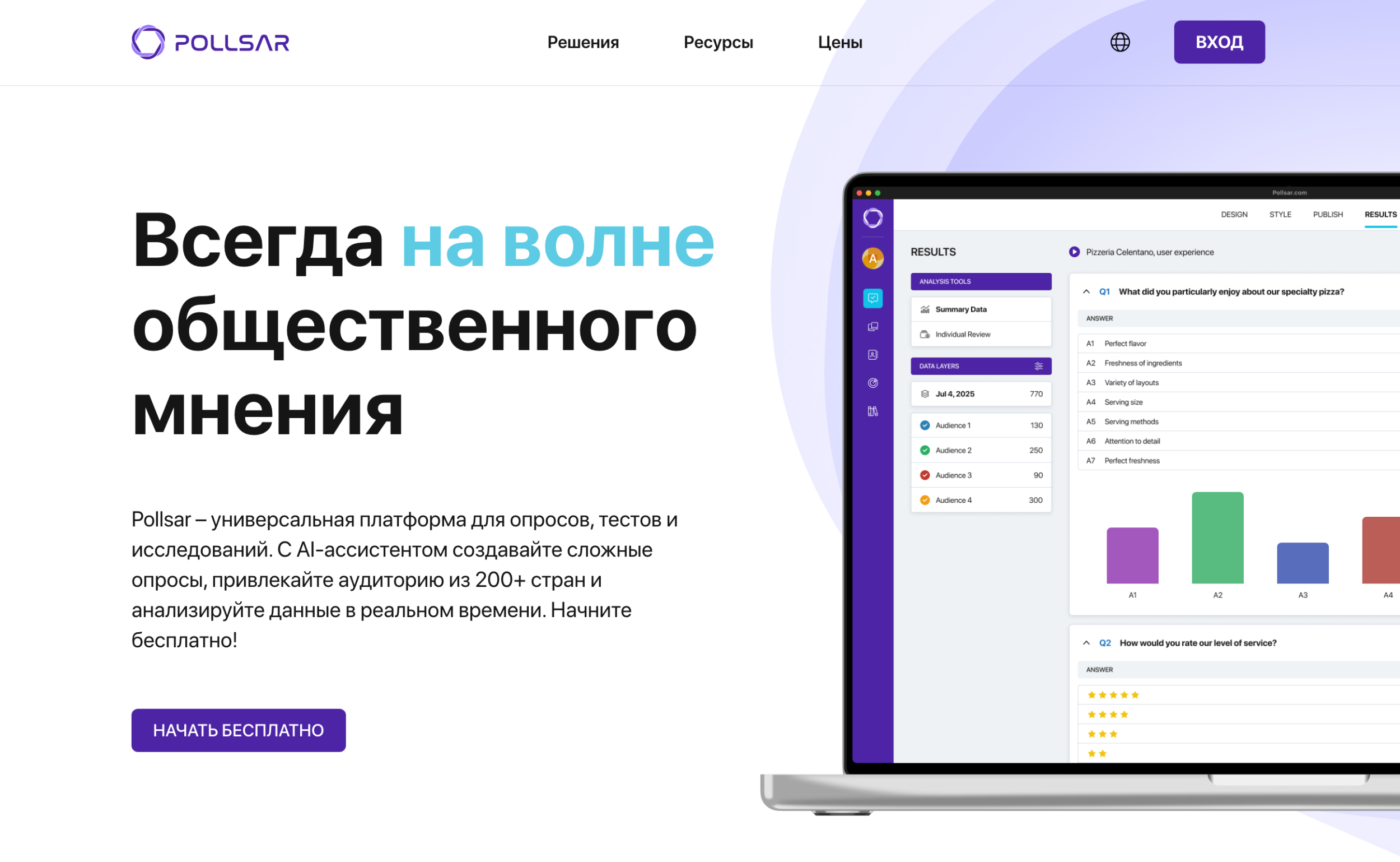 Главная страница платформы Pollsar с кнопкой регистрации