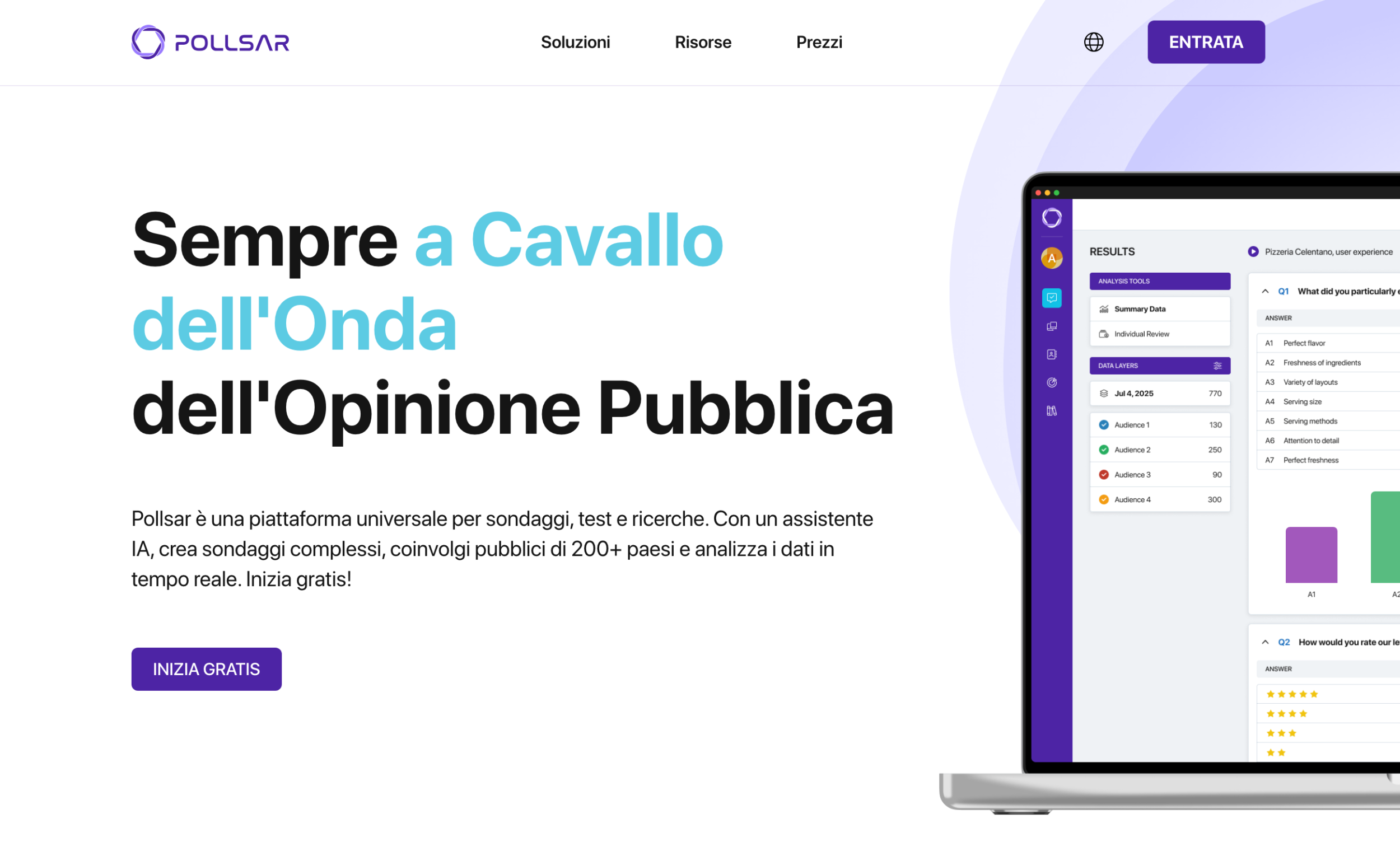 Pagina principale della piattaforma Pollsar con il pulsante di registrazione