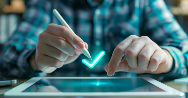 A user testing the survey and Pollsar interface on a tablet during alpha testing